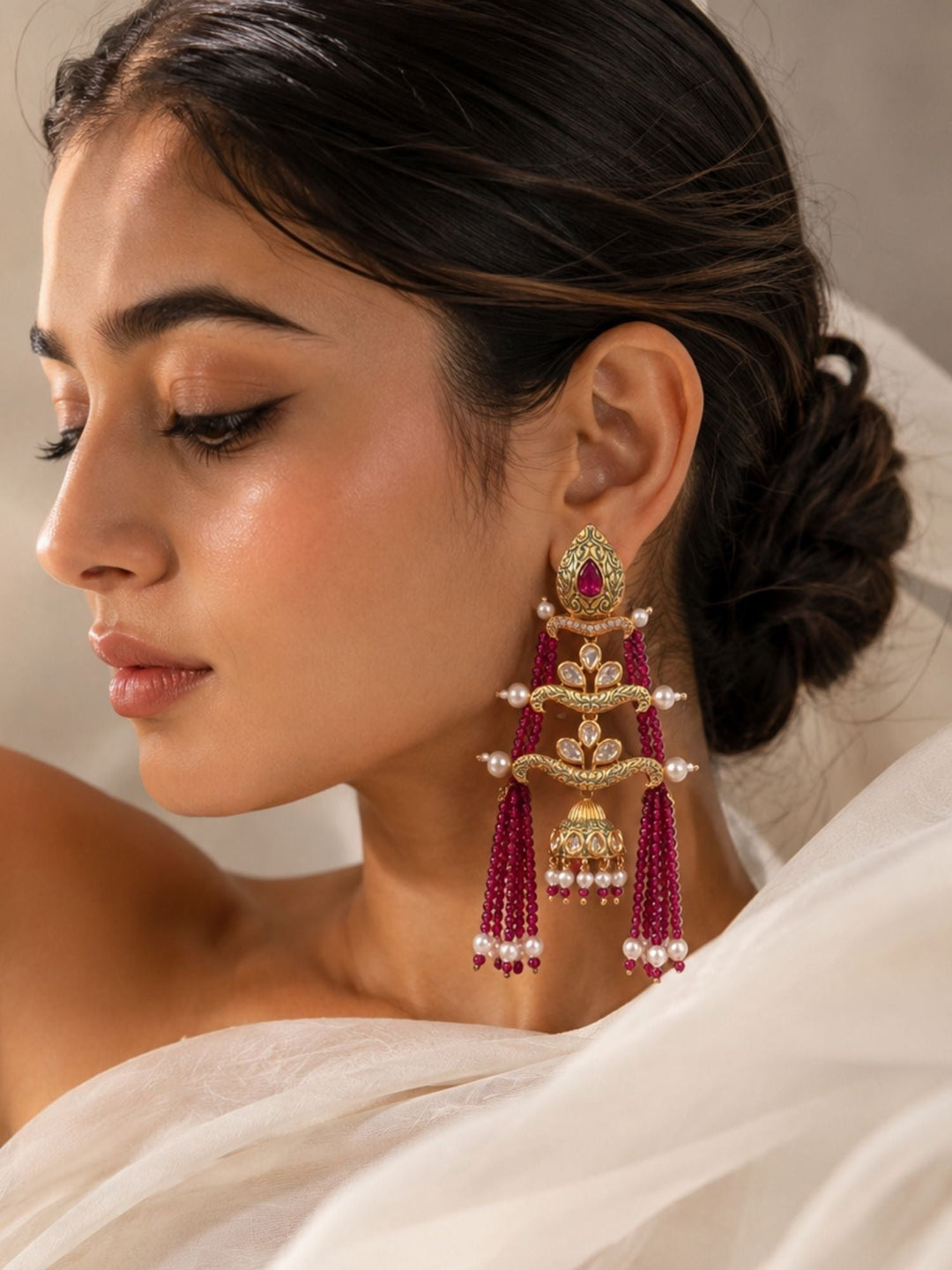 Royal Pink Beaded Jhumka Tassel Earrings – Traditional Kundan Statement Earrings | SHOBITAM