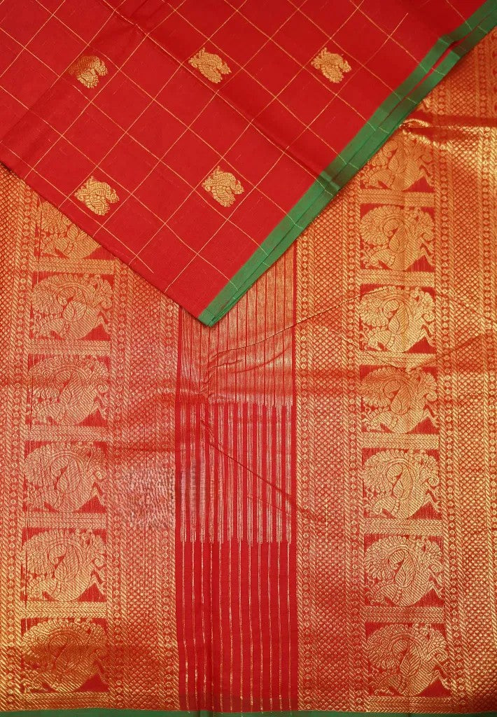 Semi Silk Chilli Red Saree with Zari buttas | SHOBITAM