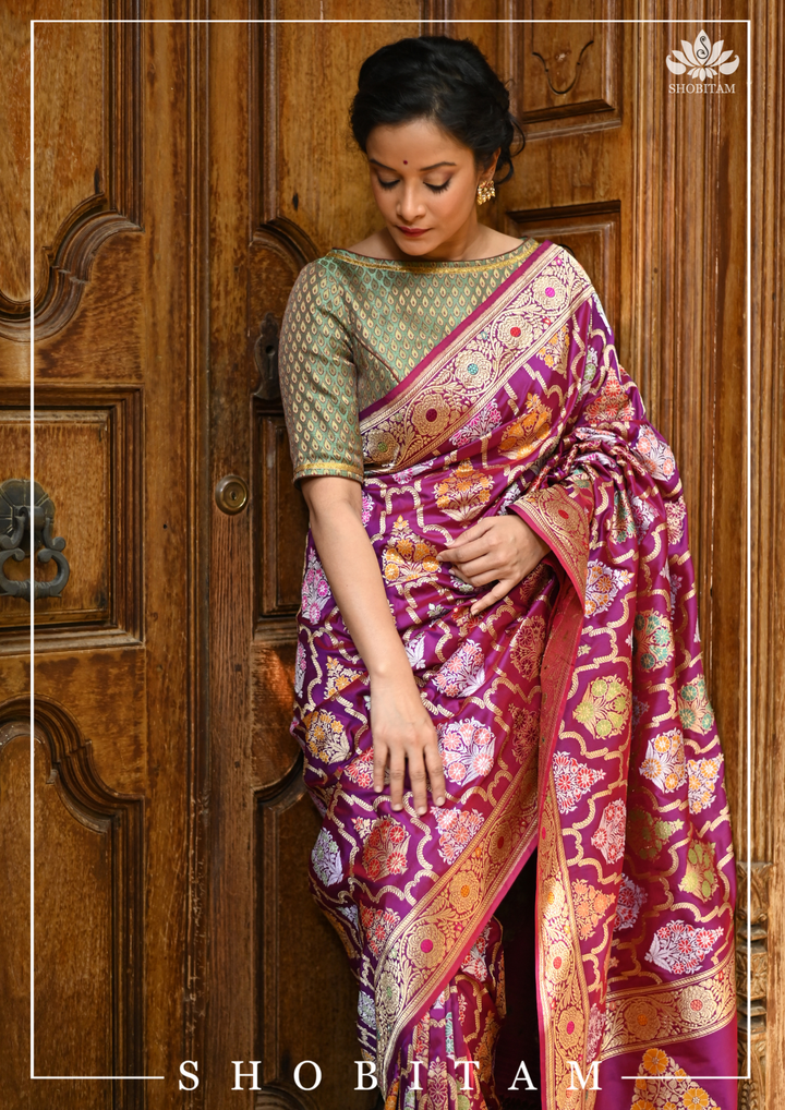 Authentic Kadhuwa Jungla Multi-color Meenakari Jaal Banarasi Silk Saree in Plum with Grand Pallu and Zari  | SILK MARK CERTIFIED
