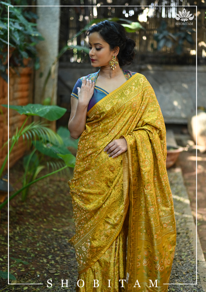 Exquisite Tanchoi Floral Banarasi Saree in Pure Silk Satin in Pale Mustard | SILK MARK CERTIFIED