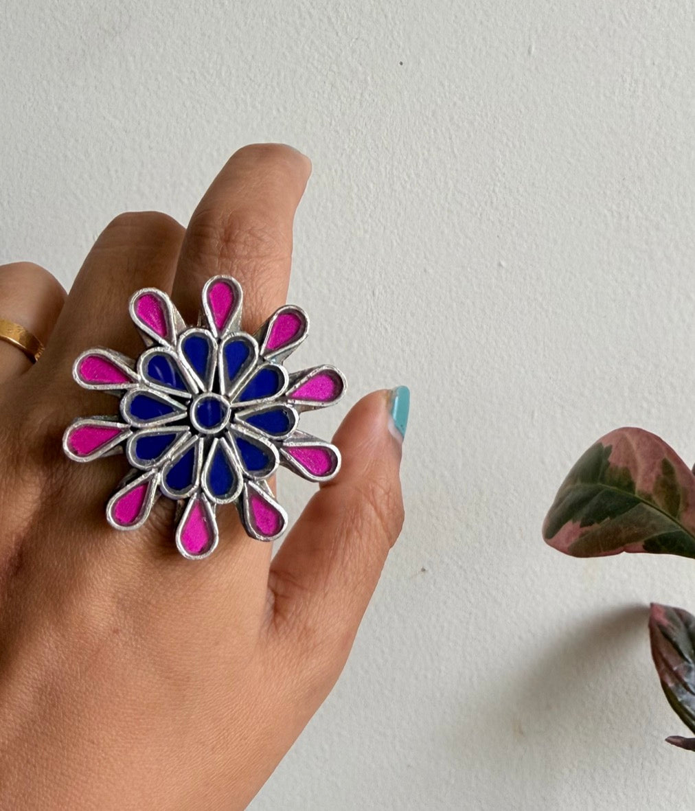 Pink-Purple Real Glass Himisha Ring in Brass with Antique Silver Polish and Adjustable | SHOBITAM