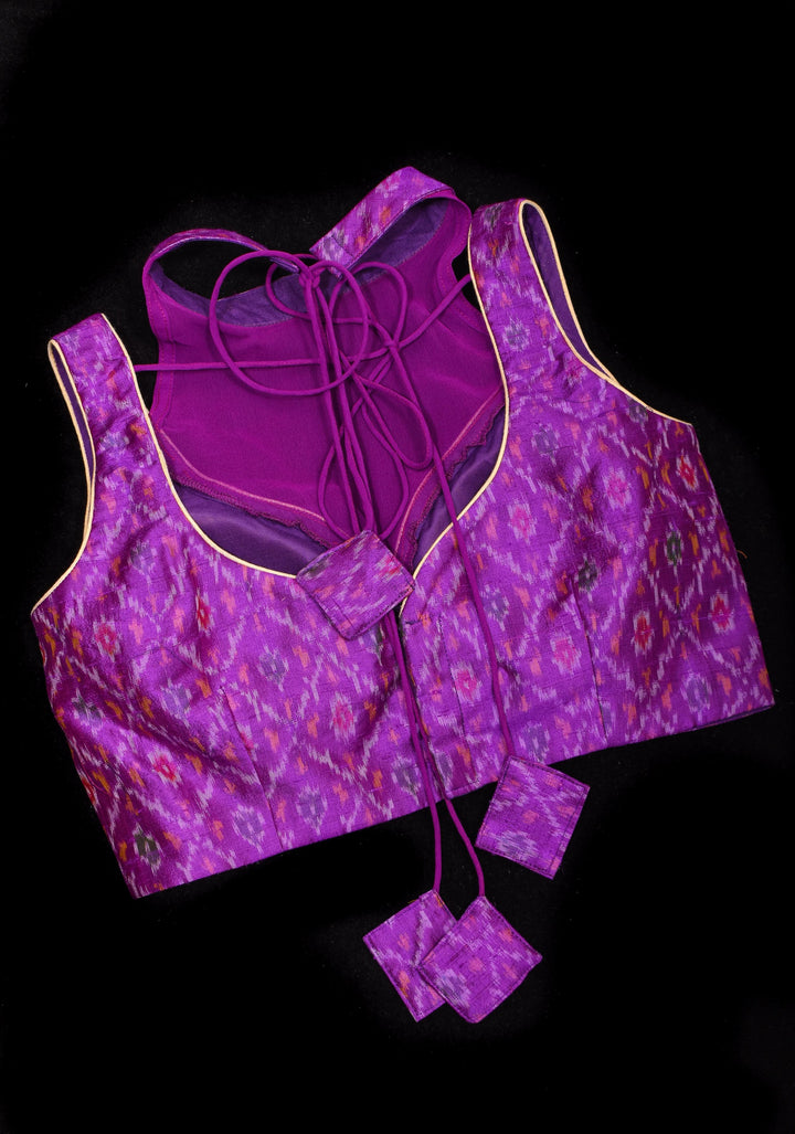 Purple Ikkat Pure Raw Silk Blouse with sheer yoke and Ikkat collar