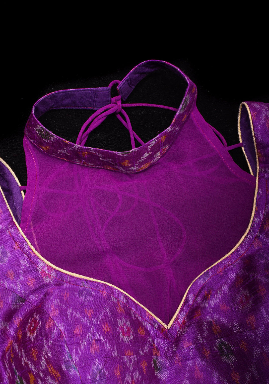 Purple Ikkat Pure Raw Silk Blouse with sheer yoke and Ikkat collar