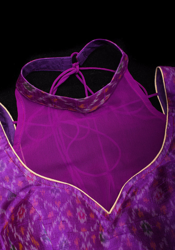 Purple Ikkat Pure Raw Silk Blouse with sheer yoke and Ikkat collar
