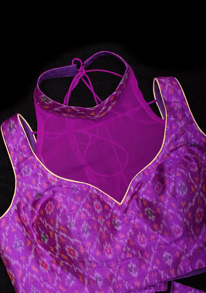 Purple Ikkat Pure Raw Silk Blouse with sheer yoke and Ikkat collar