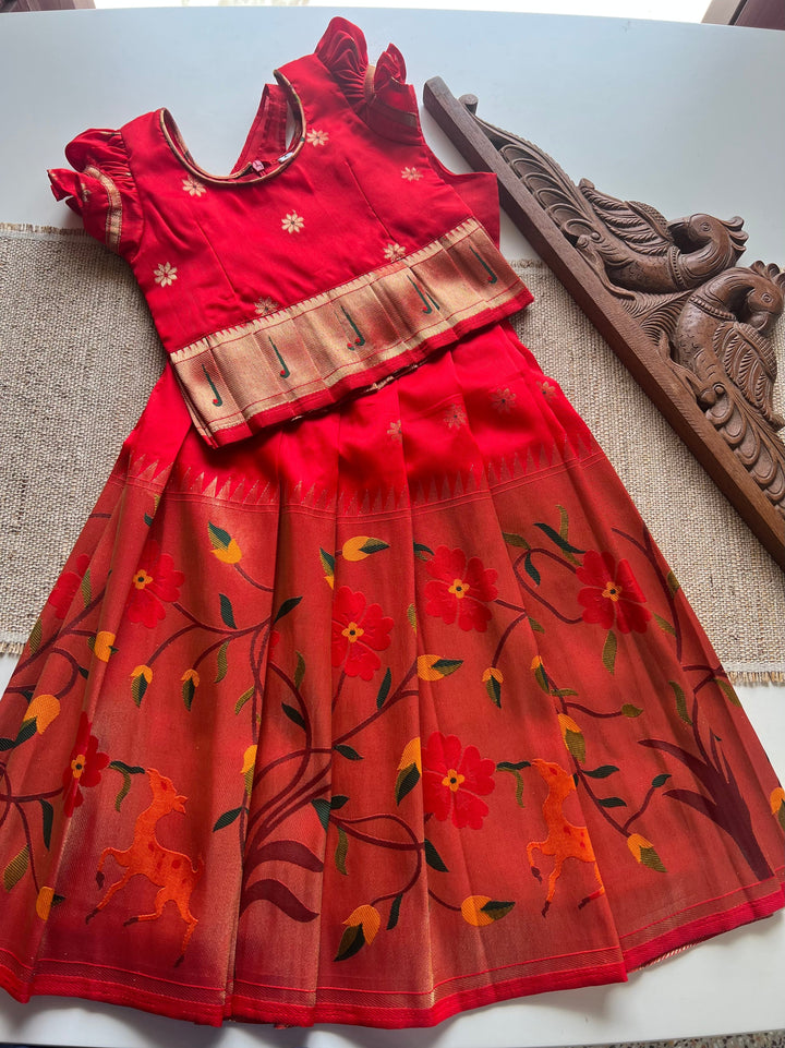 Paithani Skirt with bodice and peplum top Red - Festive Collection Express | SHOBITAM