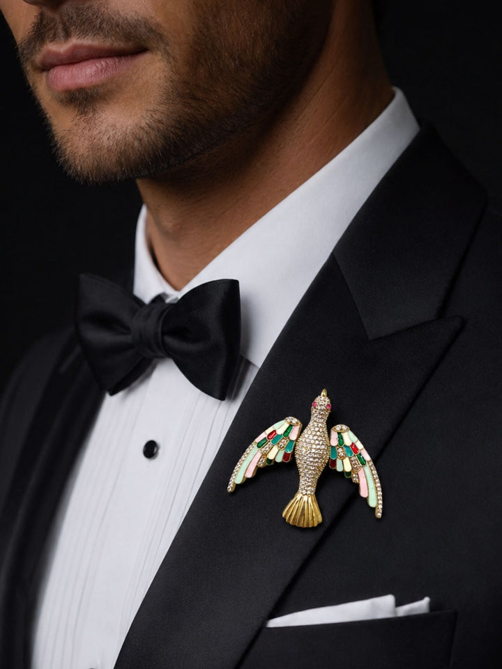 Luxury Crystal Bird Brooch Pin for Unisex | Multicolor Enamel Gold Plated Statement Lapel Pin | SHOBITAM