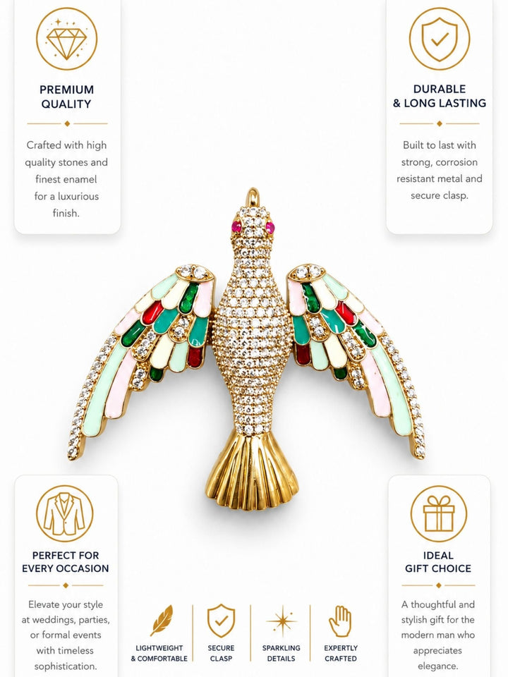 Luxury Crystal Bird Brooch Pin for Unisex | Multicolor Enamel Gold Plated Statement Lapel Pin | SHOBITAM