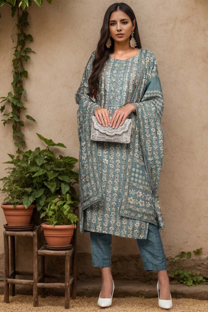 Grey Silk Blend Printed Straight Suit Set | SHOBITAM