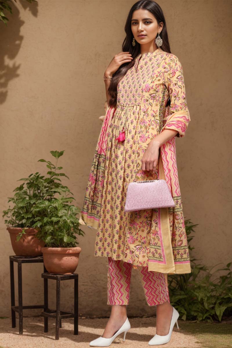 Cream Pure Cotton Printed Flared Suit Set  | SHOBITAM