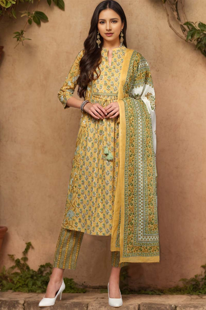 Yellow Pure Cotton Printed Flared Suit Set | SHOBITAM