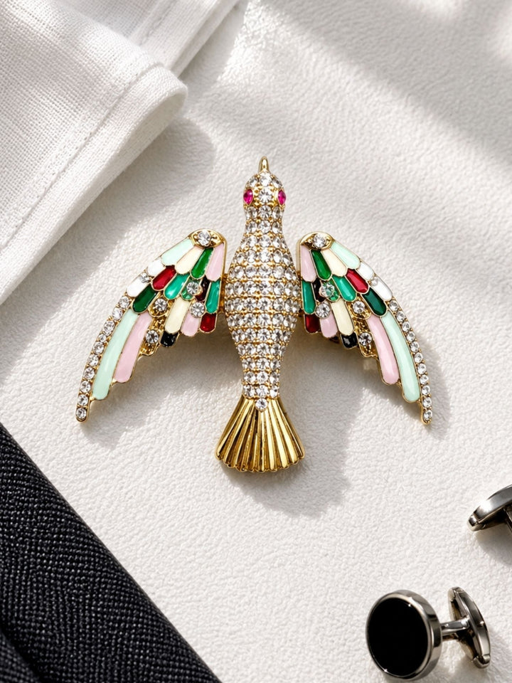 Luxury Crystal Bird Brooch Pin for Unisex | Multicolor Enamel Gold Plated Statement Lapel Pin | SHOBITAM