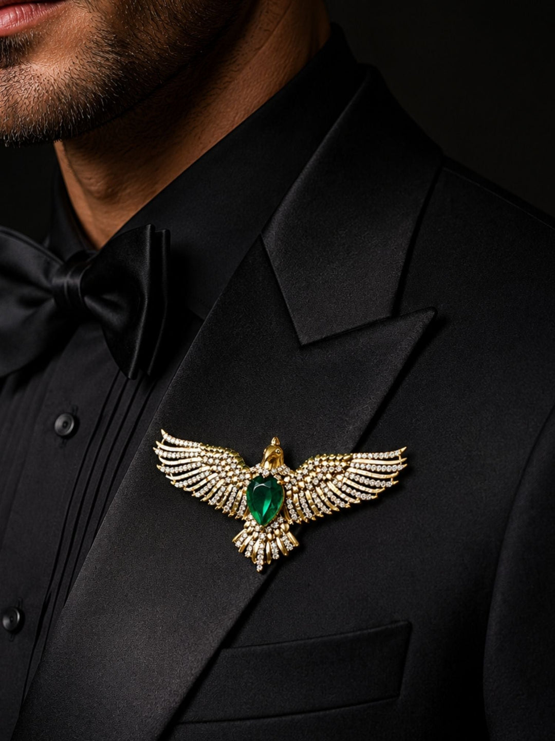 Luxury Eagle Brooch Pin for Unisex | Green Stone Gold Plated Statement Lapel Pin | SHOBITAM