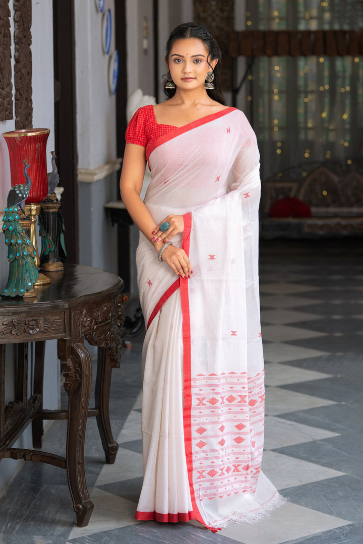 Handloom White Pure Cotton Laal Paar Jamdani Saree | SHOBITAM