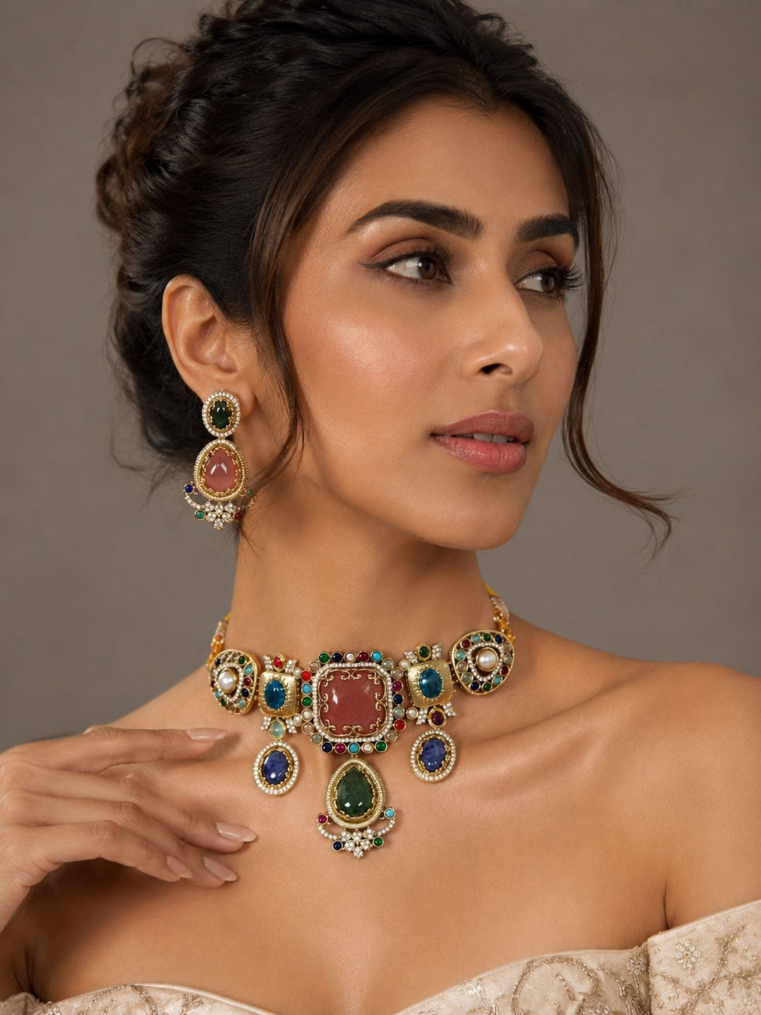 Royal Polki Multicolor Statement Gemstone Choker Set | SHOBITAM