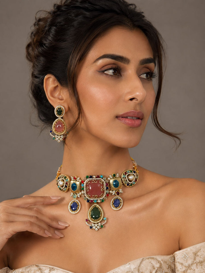 Royal Polki Multicolor Statement Gemstone Choker Set | SHOBITAM