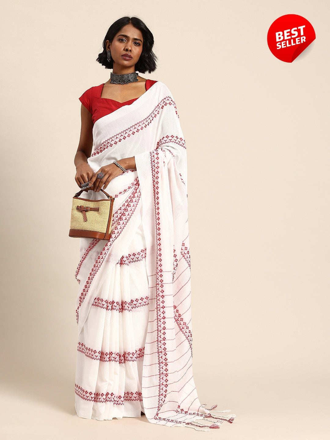 White Red Pure Cotton Saree with Blouse piece | SHOBITAM