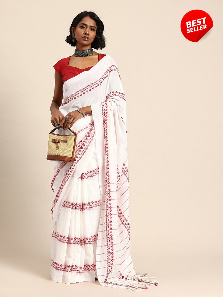 White Red Pure Cotton Saree with Blouse piece | SHOBITAM