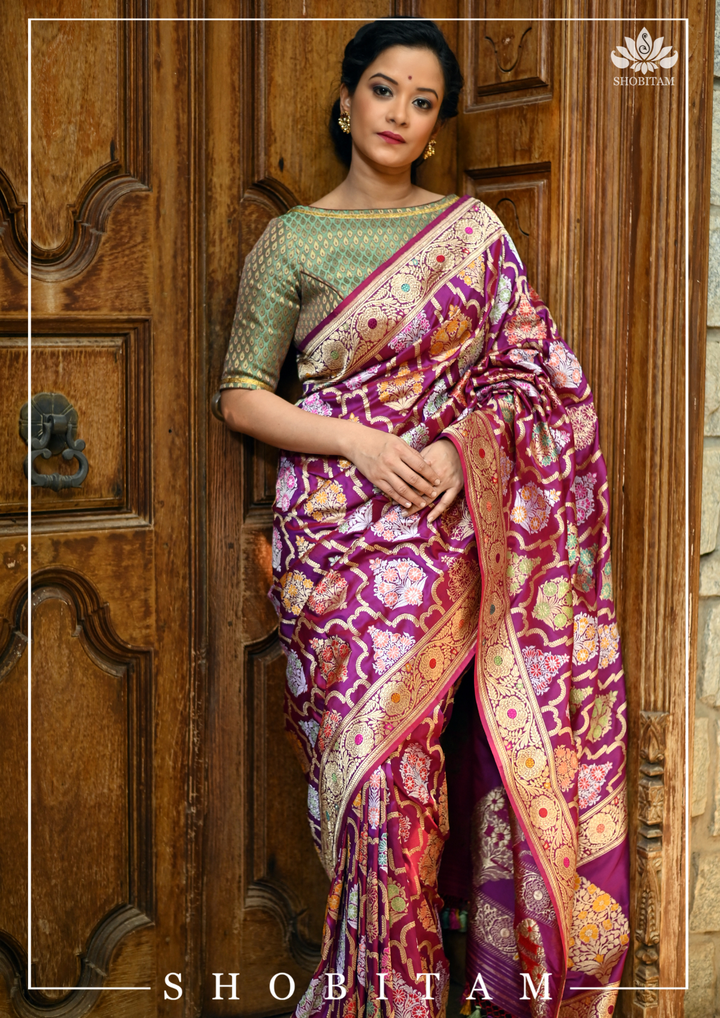 Authentic Kadhuwa Jungla Multi-color Meenakari Jaal Banarasi Silk Saree in Plum with Grand Pallu and Zari  | SILK MARK CERTIFIED
