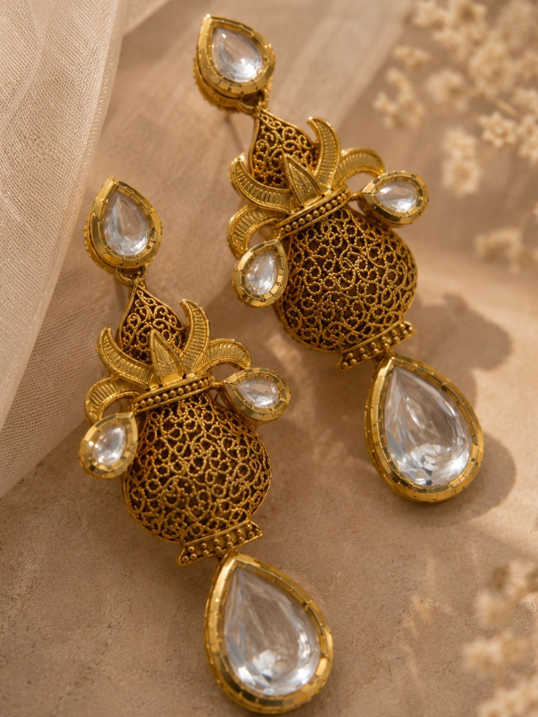 Antique Kundan Drop Earrings in Gold Finish – Festive Wear | SHOBITAM