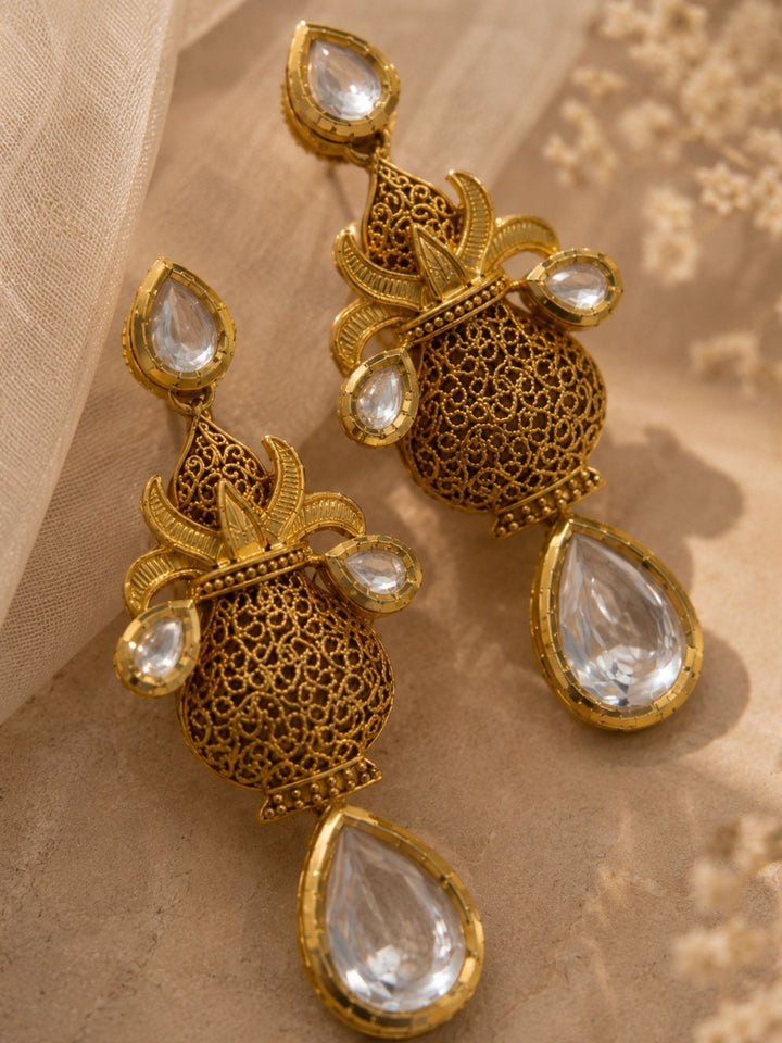 Antique Kundan Drop Earrings in Gold Finish – Festive Wear | SHOBITAM