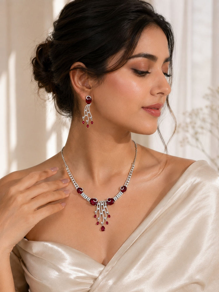 Silver Tone Cz Ruby Emerald and American Diamond Necklace Set | SHOBITAM