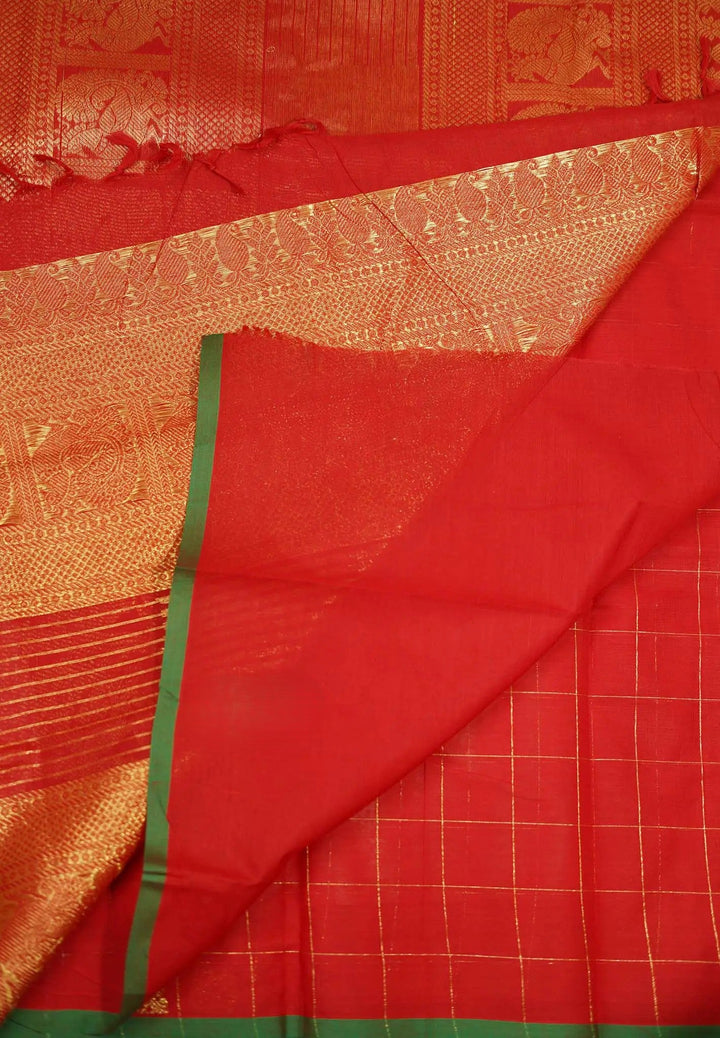 Semi Silk Chilli Red Saree with Zari buttas | SHOBITAM