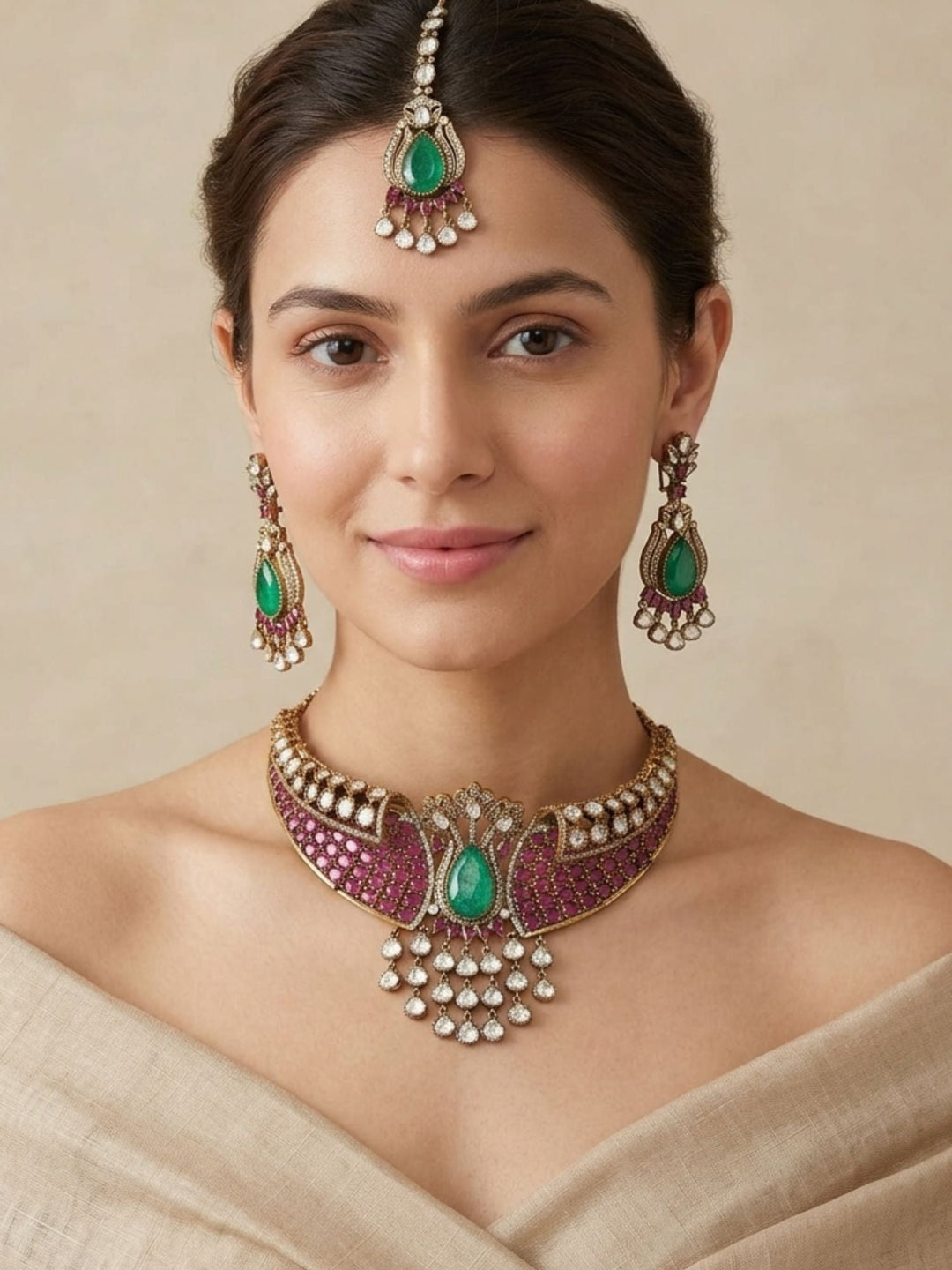 Heavy Bridal Choker Set with Maang Tikka & Earrings | SHOBITAM