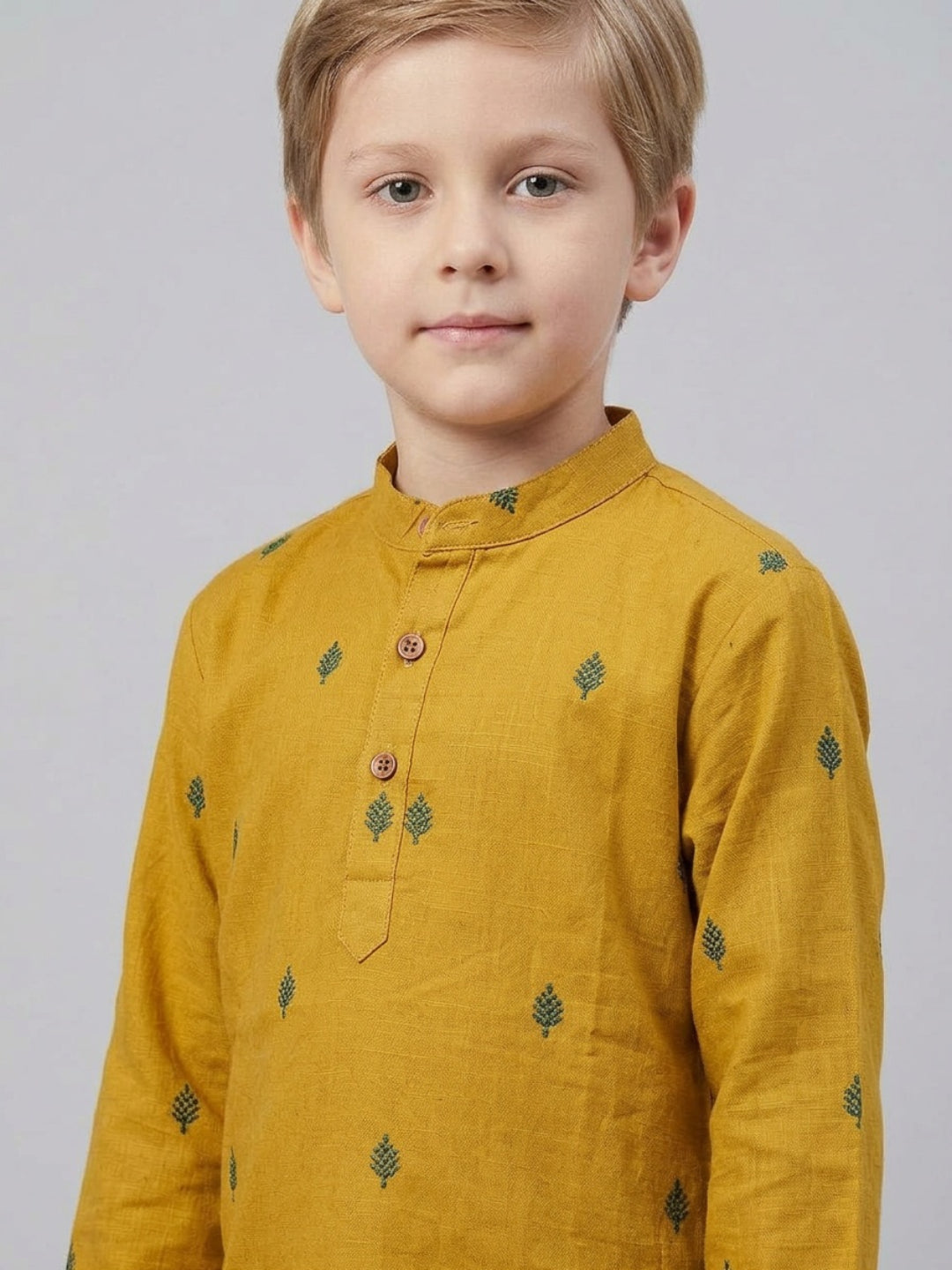 Boys Mustard Yellow Cotton Kurta Set with Embroidered Detail | SHOBITAM