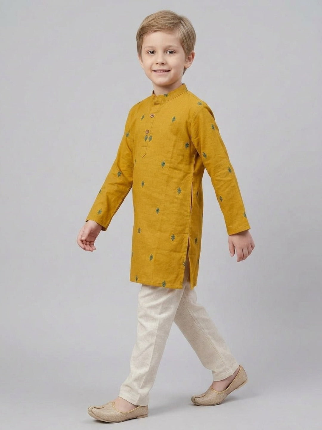 Boys Mustard Yellow Cotton Kurta Set with Embroidered Detail | SHOBITAM