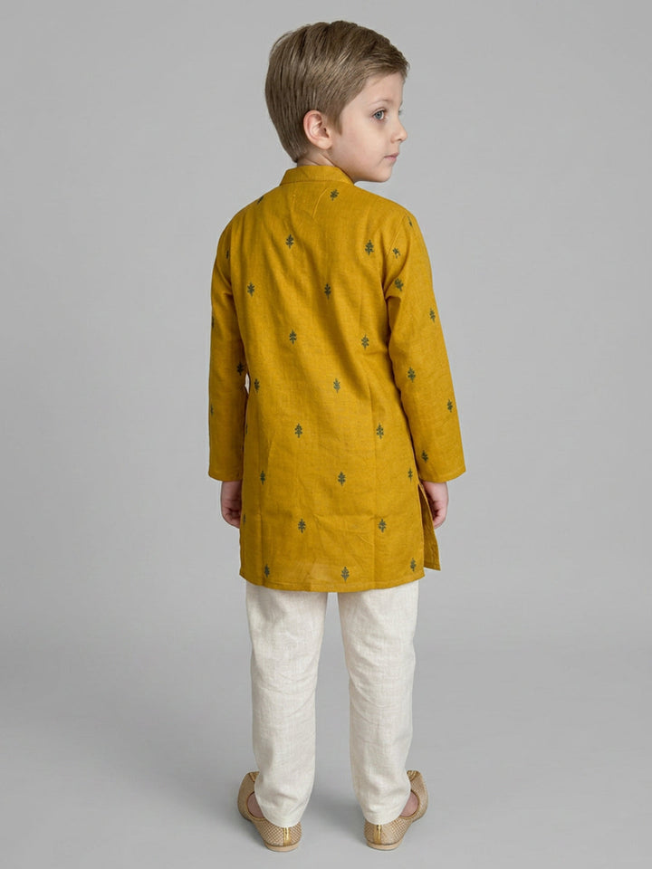Boys Mustard Yellow Cotton Kurta Set with Embroidered Detail | SHOBITAM