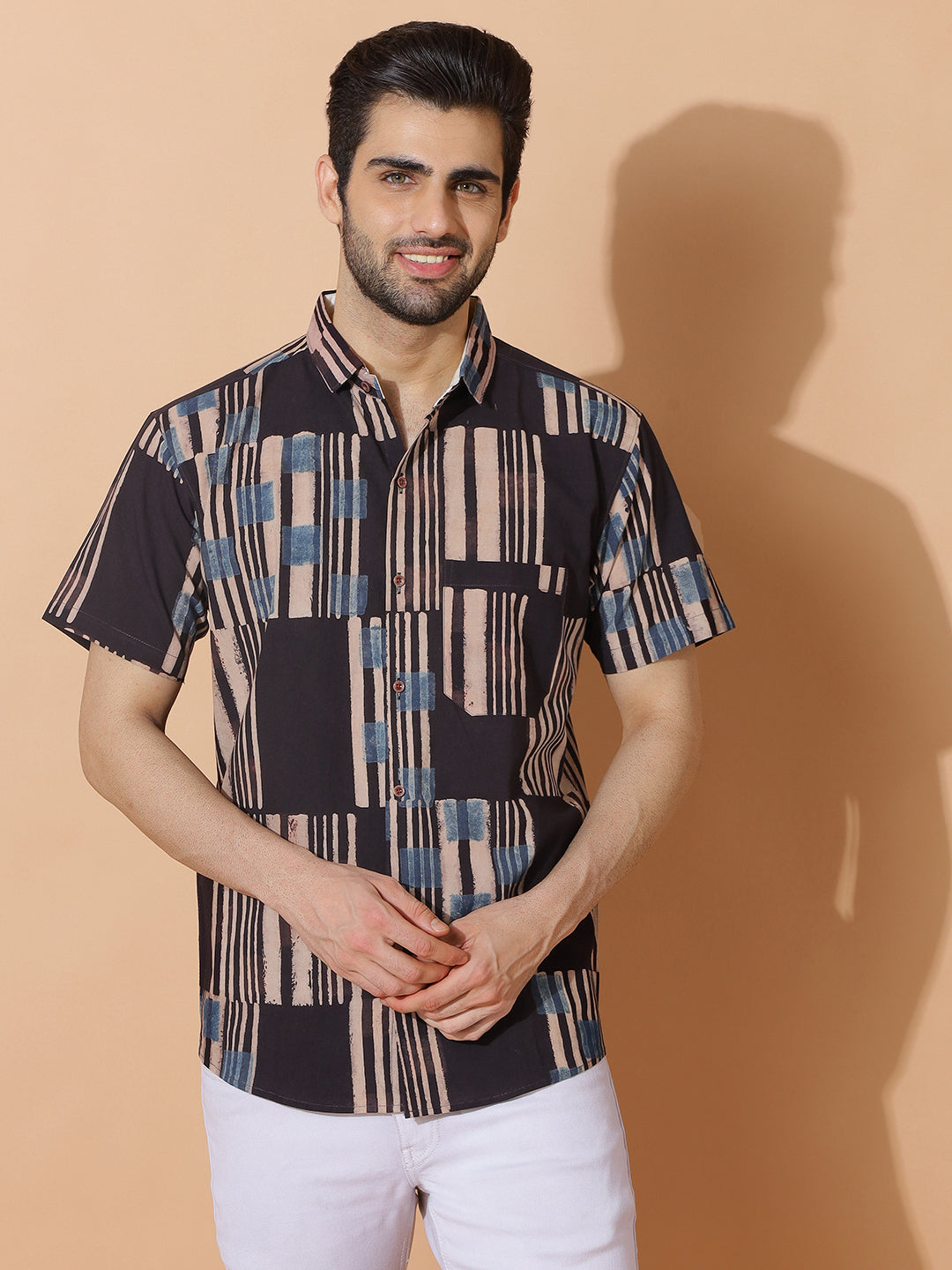 Kavi Ajrakh Half Sleeve Artisan Print Shirt in Black for Men
