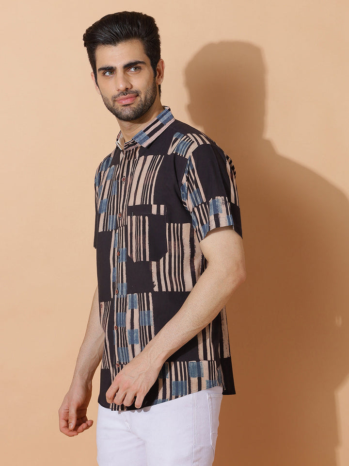 Kavi Ajrakh Half Sleeve Artisan Print Shirt in Black for Men