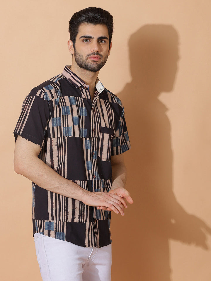 Kavi Ajrakh Half Sleeve Artisan Print Shirt in Black for Men