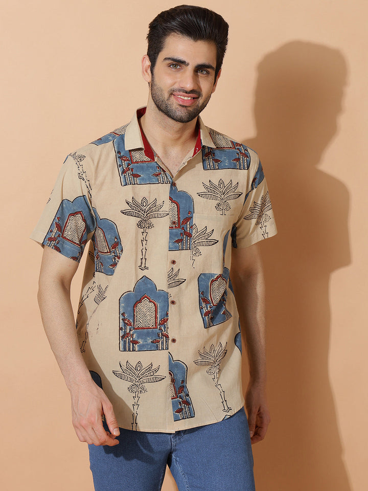Earthroot Ajrakh  Half Sleeve Artisan Print Shirt in Cream for Men