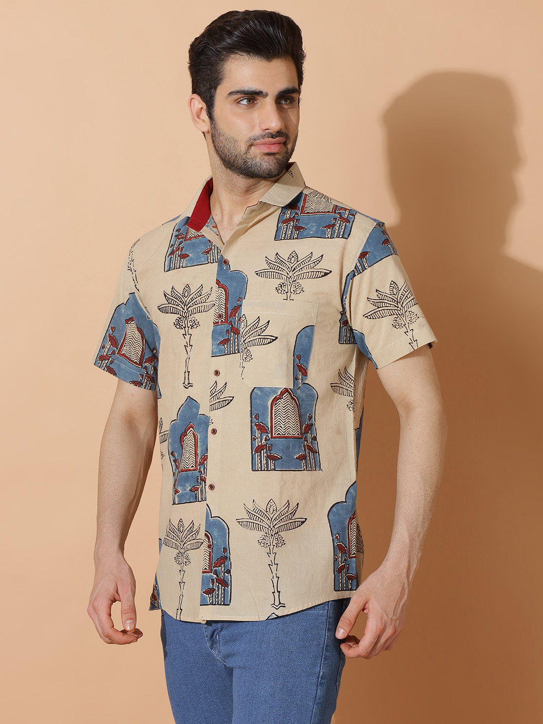 Earthroot Ajrakh  Half Sleeve Artisan Print Shirt in Cream for Men