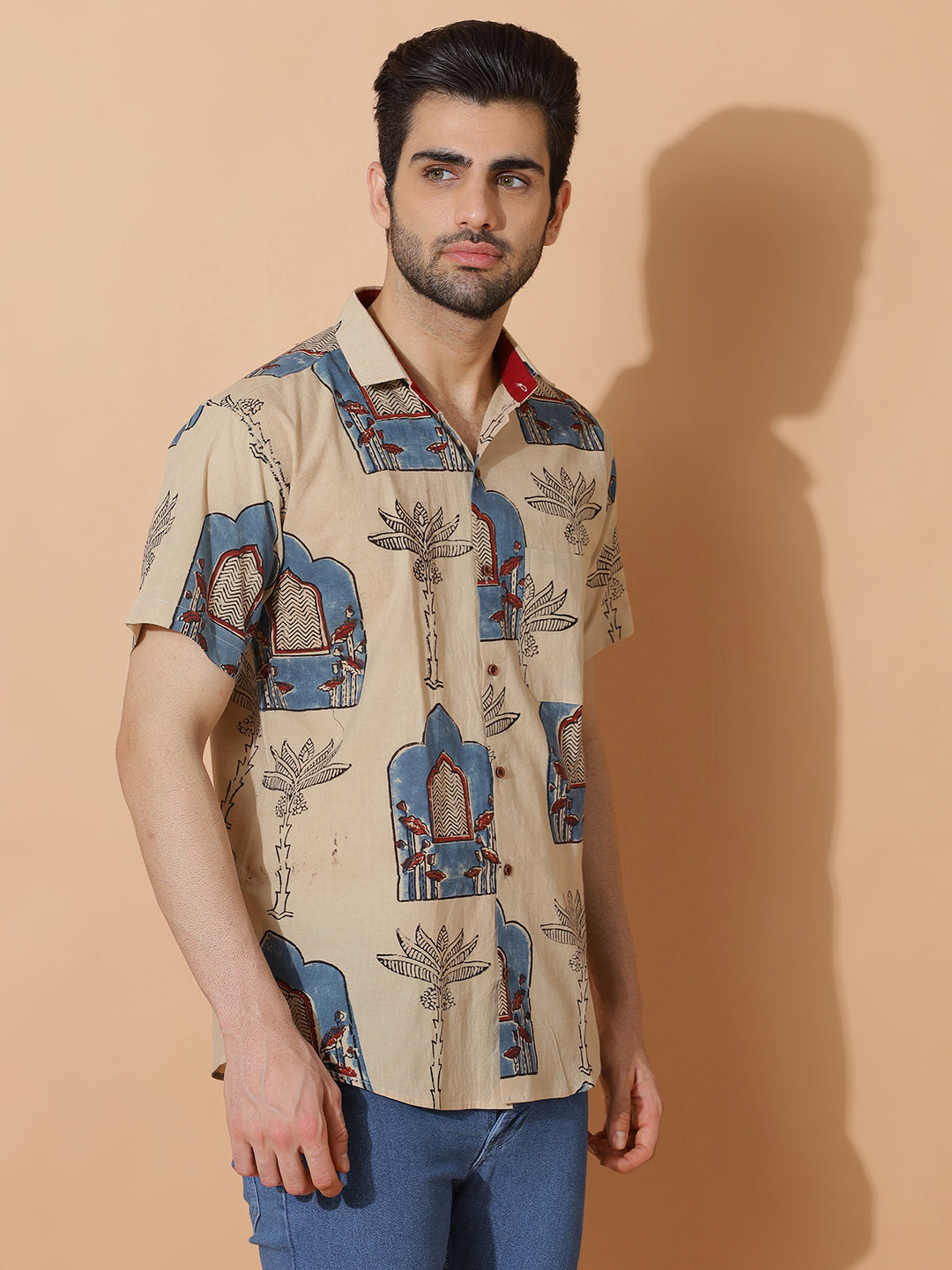 Earthroot Ajrakh  Half Sleeve Artisan Print Shirt in Cream for Men