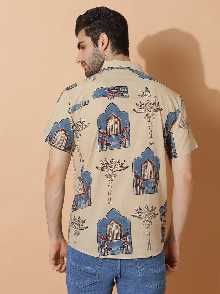 Earthroot Ajrakh  Half Sleeve Artisan Print Shirt in Cream for Men