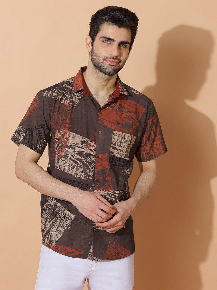 Brown Story Ajrakh Half Sleeve Artisan Print Shirt in Brown for Men