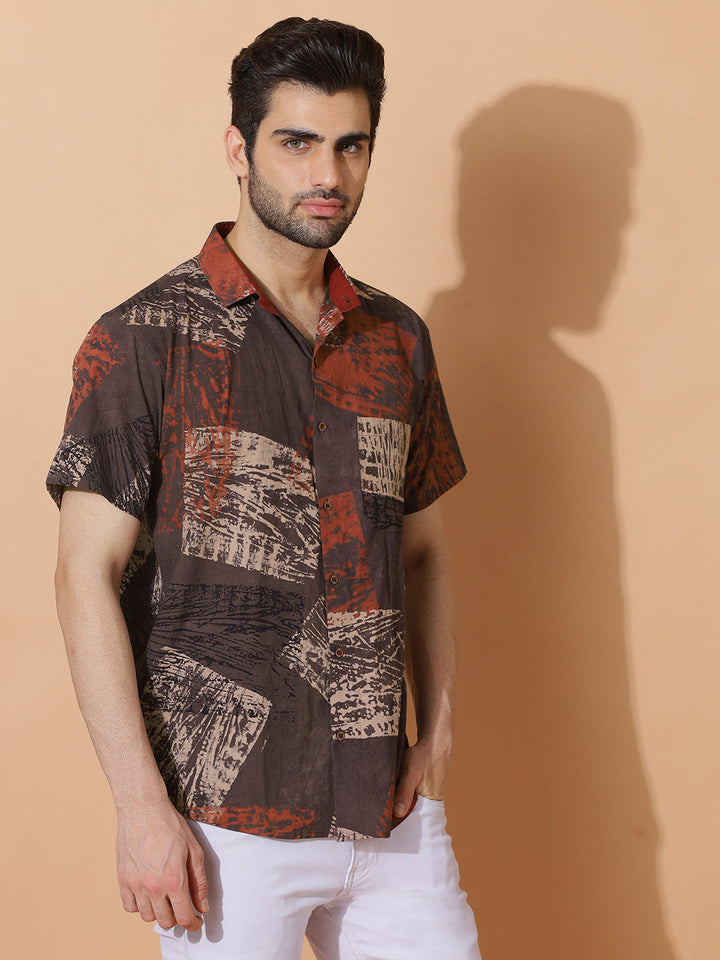 Brown Story Ajrakh Half Sleeve Artisan Print Shirt in Brown for Men