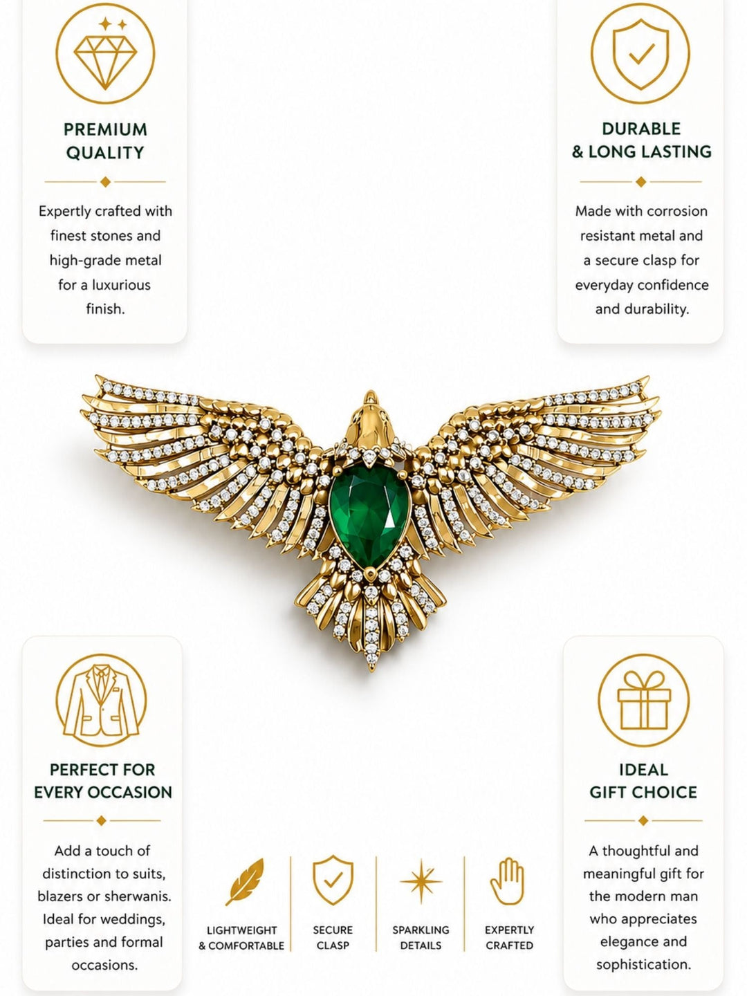 Luxury Eagle Brooch Pin for Unisex | Green Stone Gold Plated Statement Lapel Pin | SHOBITAM