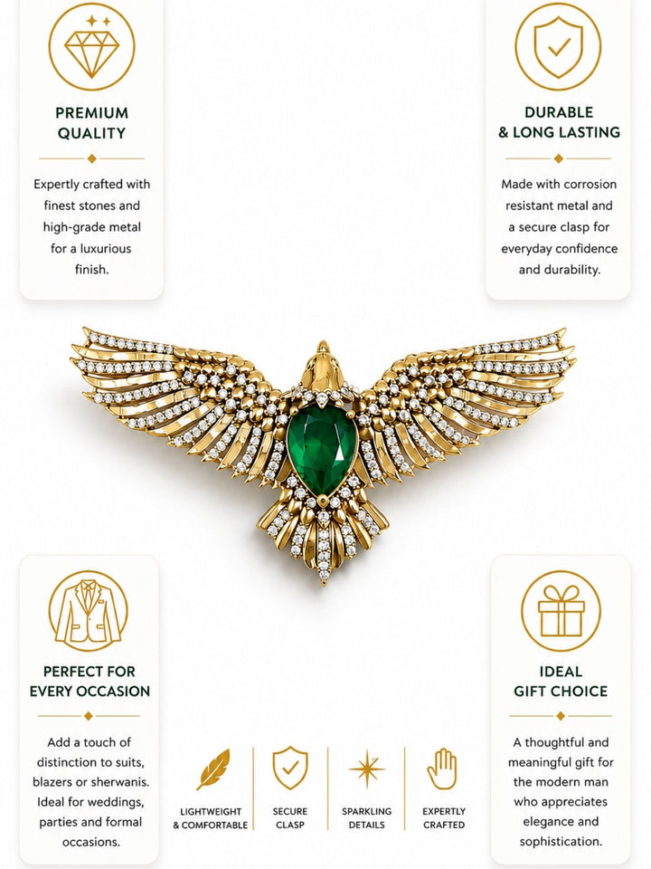 Luxury Eagle Brooch Pin for Unisex | Green Stone Gold Plated Statement Lapel Pin | SHOBITAM