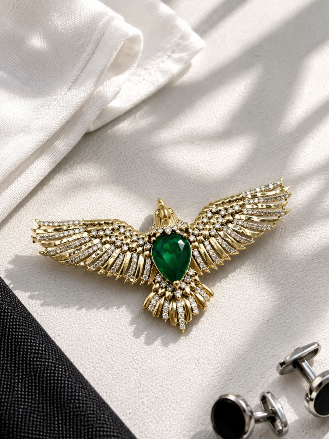 Luxury Eagle Brooch Pin for Unisex | Green Stone Gold Plated Statement Lapel Pin | SHOBITAM