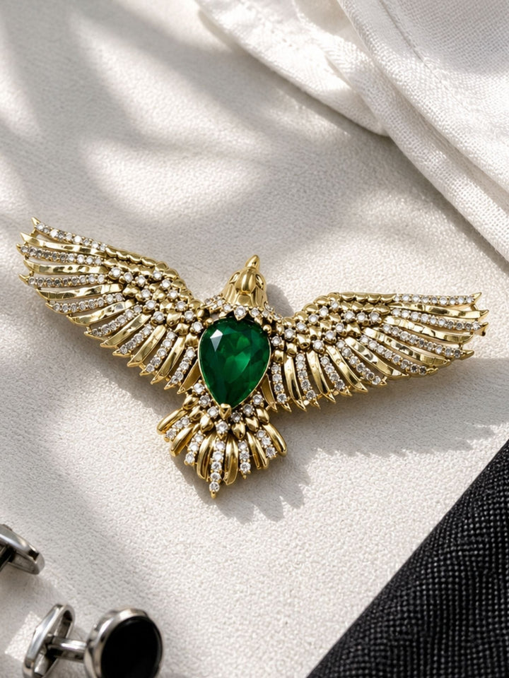 Luxury Eagle Brooch Pin for Unisex | Green Stone Gold Plated Statement Lapel Pin | SHOBITAM