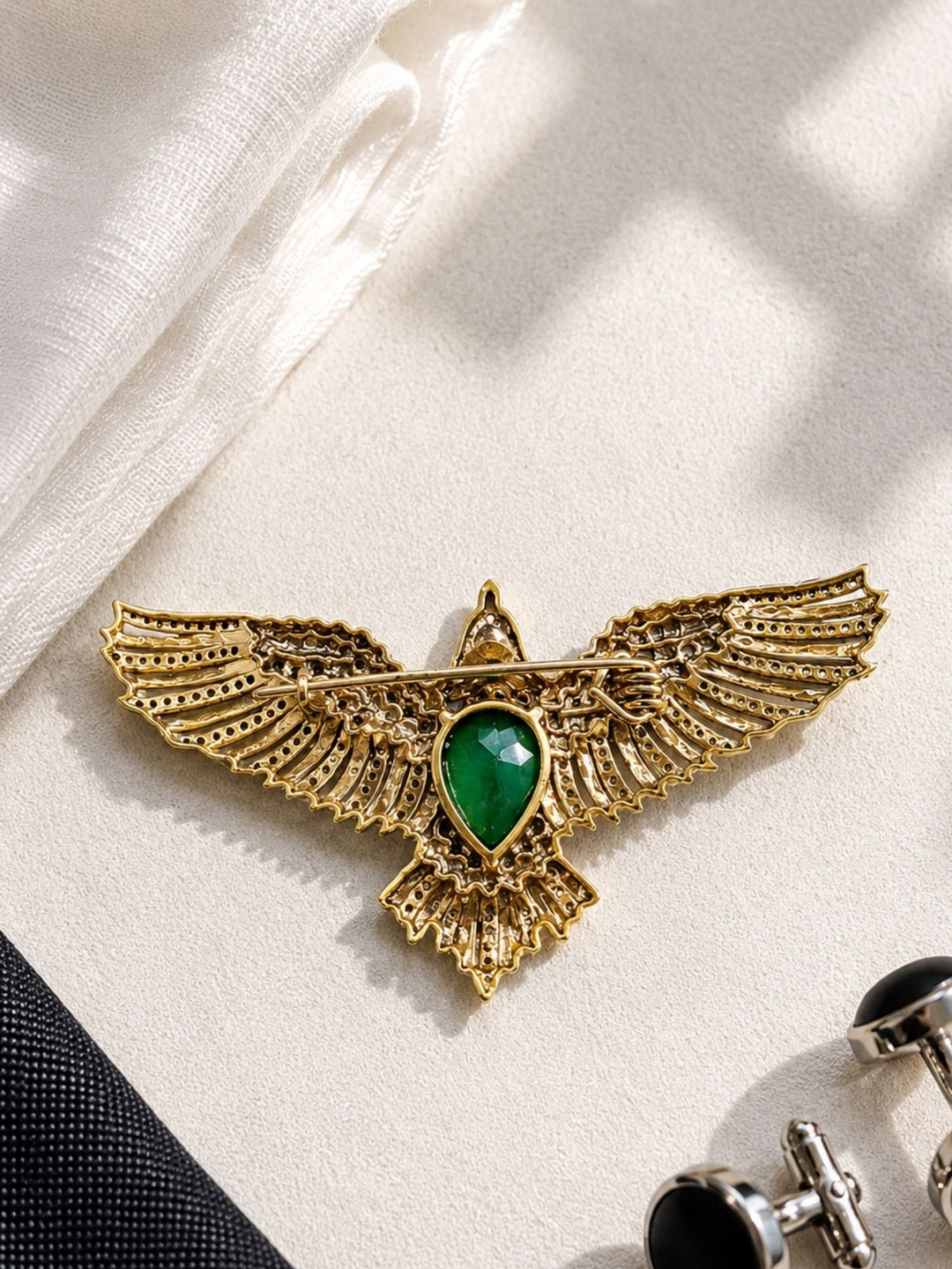 Luxury Eagle Brooch Pin for Unisex | Green Stone Gold Plated Statement Lapel Pin | SHOBITAM