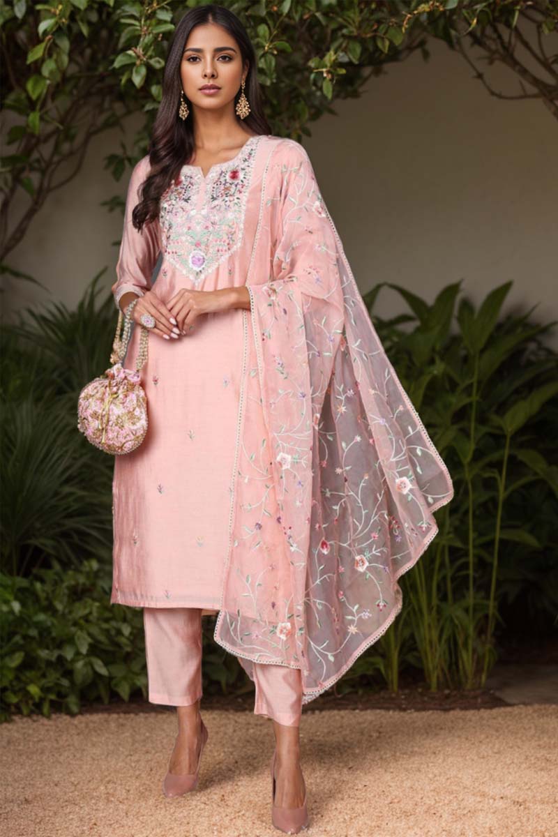 Pink Silk Blend Solid Embroidered Straight Suit Set | SHOBITAM