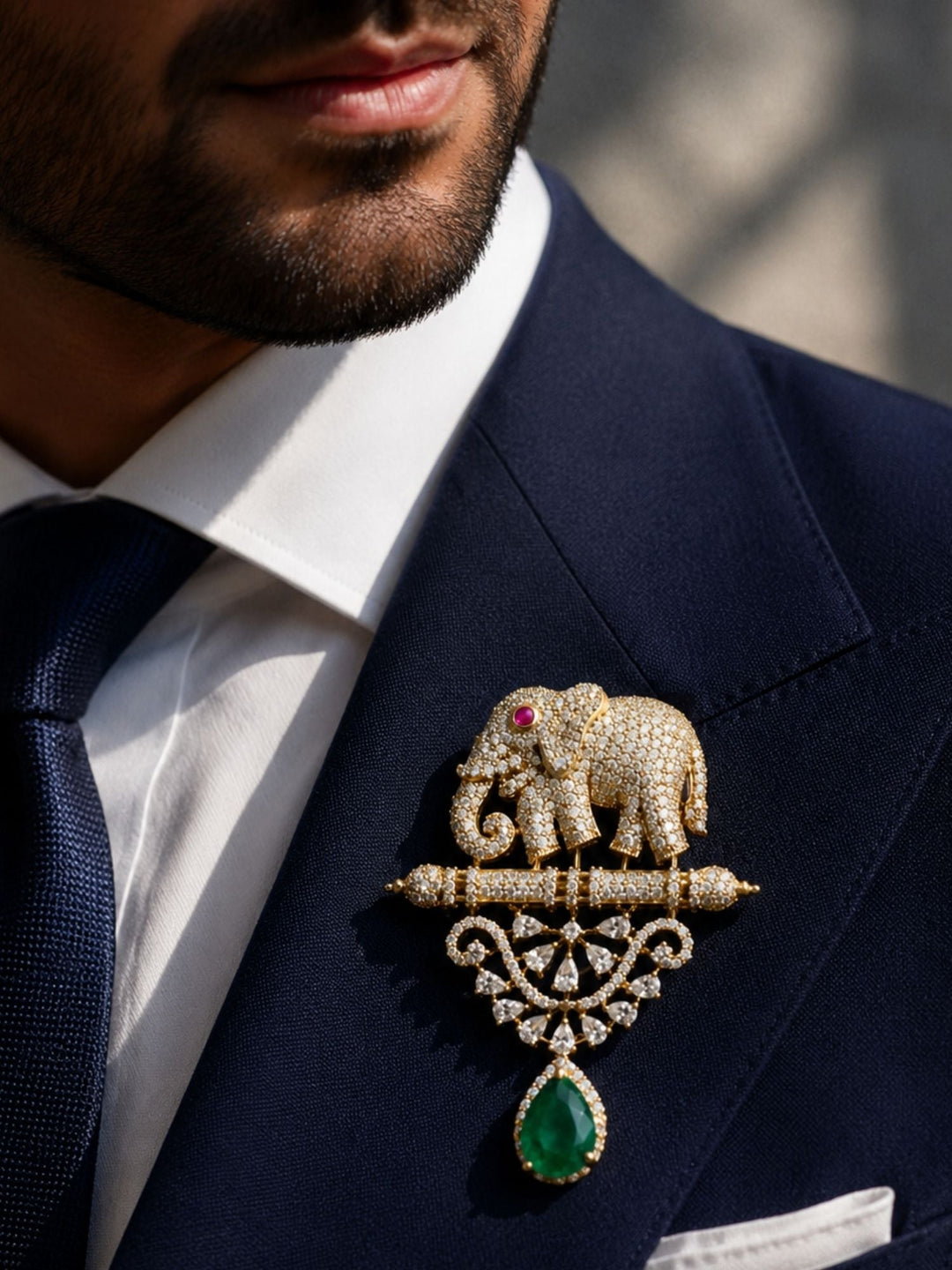 Royal Elephant Brooch Pin for Unisex | Green Stone Crystal Gold Plated Statement Lapel Pin | SHOBITAM