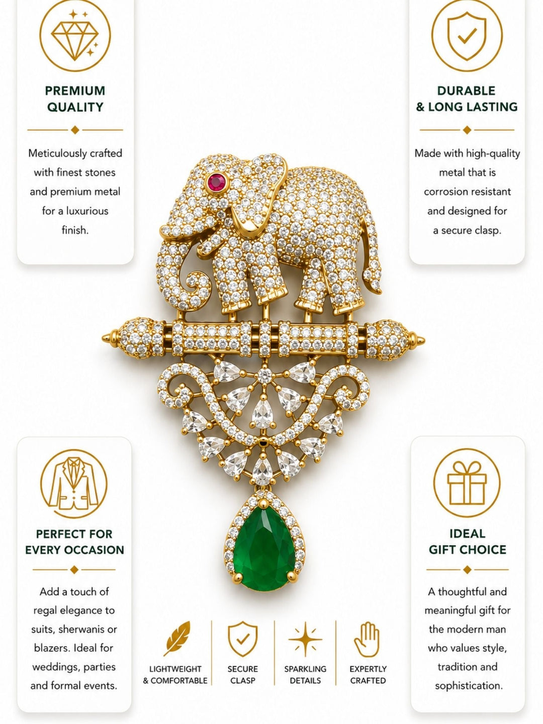 Royal Elephant Brooch Pin for Unisex | Green Stone Crystal Gold Plated Statement Lapel Pin | SHOBITAM