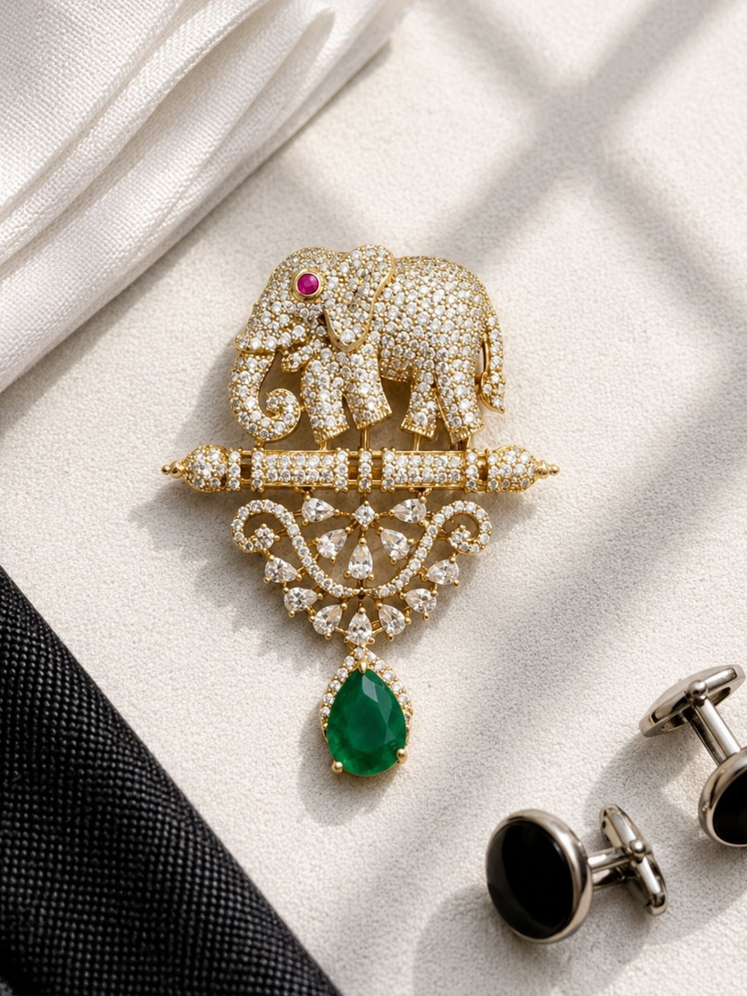 Royal Elephant Brooch Pin for Unisex | Green Stone Crystal Gold Plated Statement Lapel Pin | SHOBITAM
