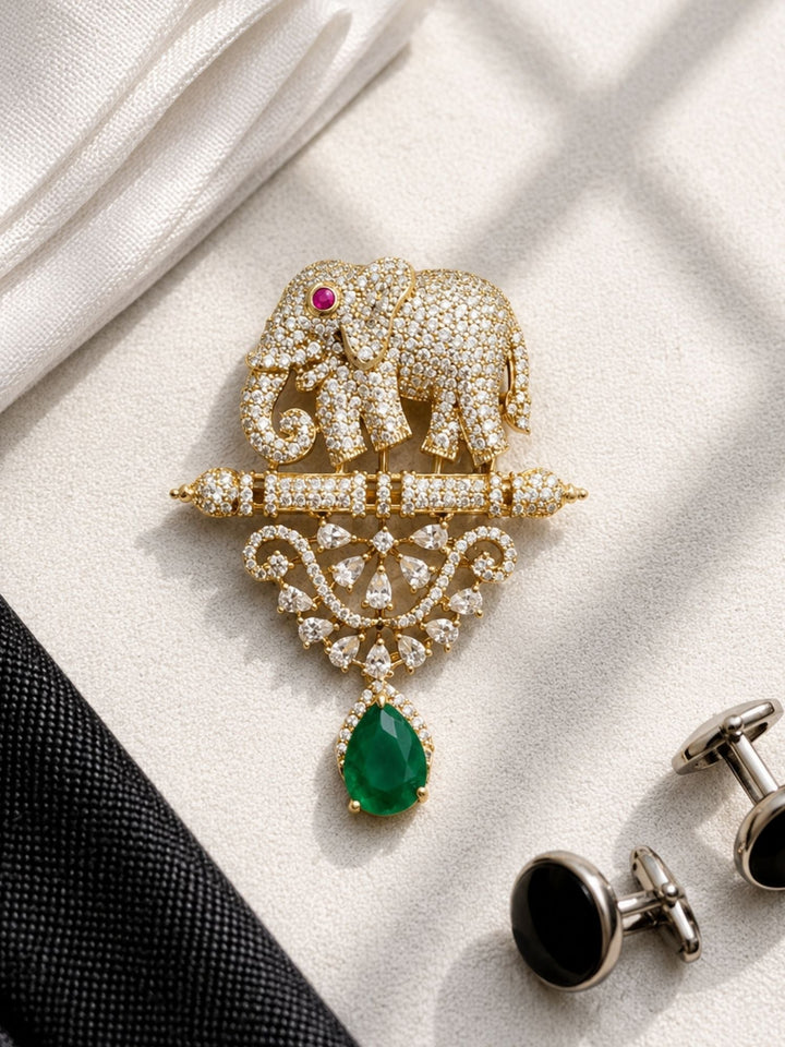 Royal Elephant Brooch Pin for Unisex | Green Stone Crystal Gold Plated Statement Lapel Pin | SHOBITAM